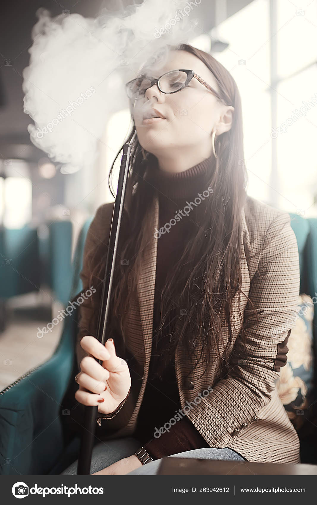 Adult Girl Smokes Hookah Cafe Modern Interior Smoking Smoke