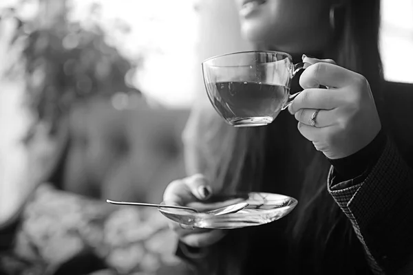 Lány Egy Kávézóban Iszik Tea Egy Modern Kávézó Egy Fiatal — Stock Fotó