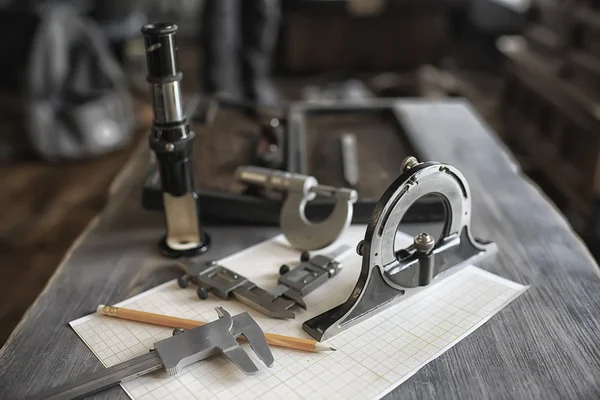 Zeichenwerkzeuge Konzept Engineering Projekt Jahrgang Kompass Bleistift Papier Ausbildung Entwurf — Stockfoto