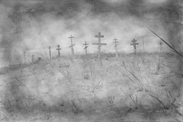 砂漠の墓地で墓を渡る 気候変動の概念温暖化 黙示録 キリスト教の墓地 — ストック写真