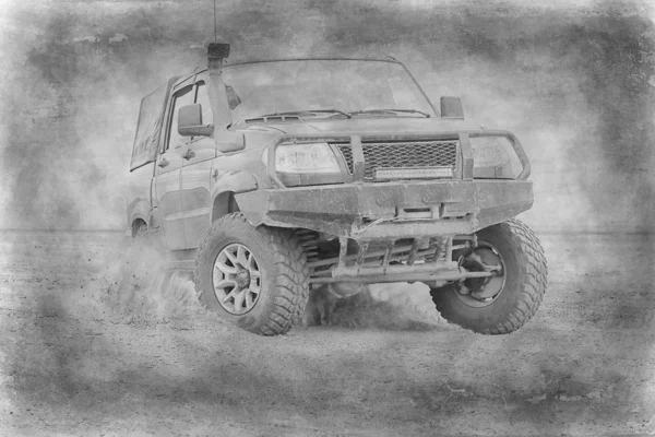Suv在沙漠 老复古全地形车辆 在沙漠上的沙漠探险 极端汽车 — 图库照片