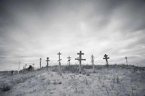 Cruzes Graves Cemitério Deserto Conceito Mudança Climática Aquecimento Desastre Apocalipse — Fotografia de Stock