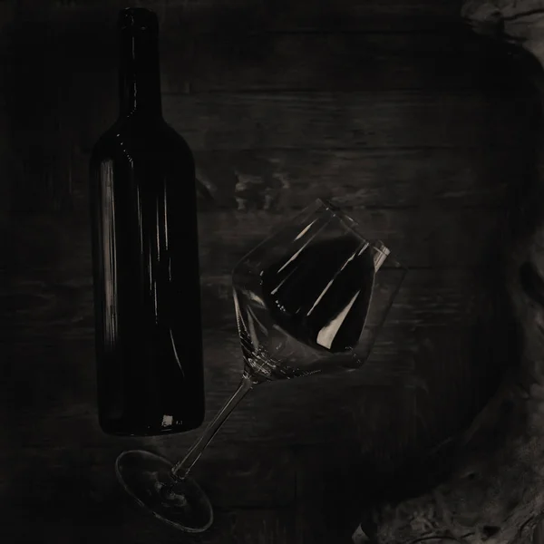 一杯红酒 复古背景 旧木桶酒 酒精品尝 — 图库照片