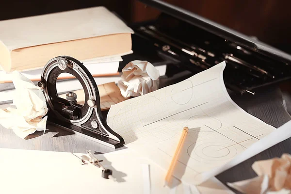 Tekengereedschappen Concept Engineering Project Vintage Kompas Potlood Papier Onderwijs Opstellen — Stockfoto