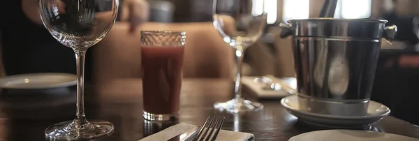 Panorama Restaurant Setting Long Narrow Background Interior Cafe Cutlery — Stock Photo, Image