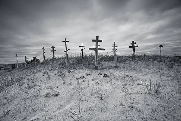 Cruzes Graves Cemitério Deserto Conceito Mudança Climática Aquecimento Desastre Apocalipse — Fotografia de Stock