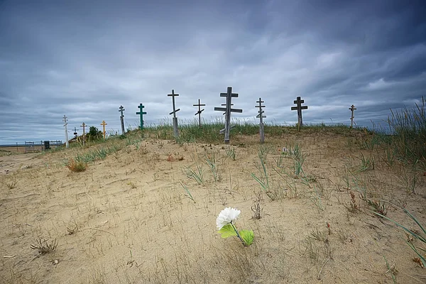 grave crosses in a desert cemetery / climate change concept warming, disaster, apocalypse, Christian cemetery