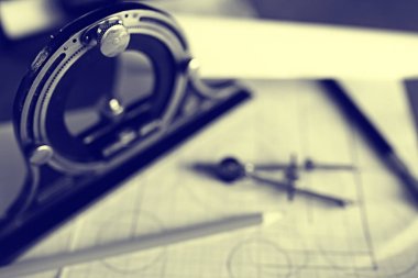 çizim araçları, kavram mühendisliği proje vintage / pusula kalem kağıt eğitim taslak