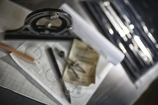 Εργαλεία Σχεδίασης Ιδέα Μηχανικής Έργο Vintage Πυξίδα Χαρτί Εργασίας Κατάρτιση — Φωτογραφία Αρχείου