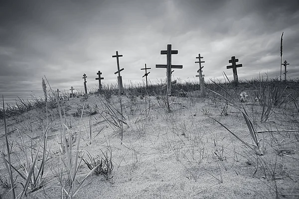 Могильные Кресты Кладбище Пустыни Потепление Концепции Изменения Климата Катастрофа Апокалипсис — стоковое фото