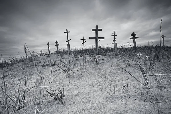 Cruzes Graves Cemitério Deserto Conceito Mudança Climática Aquecimento Desastre Apocalipse — Fotografia de Stock