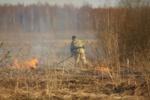 Brandman Lägger Gräs Skogsbrand Torrt Gräs Brinner Blåser — Stockfoto