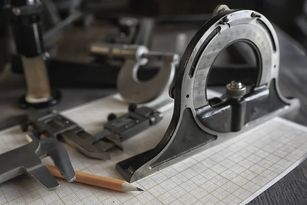 Tekengereedschappen Concept Engineering Project Vintage Kompas Potlood Papier Onderwijs Opstellen — Stockfoto