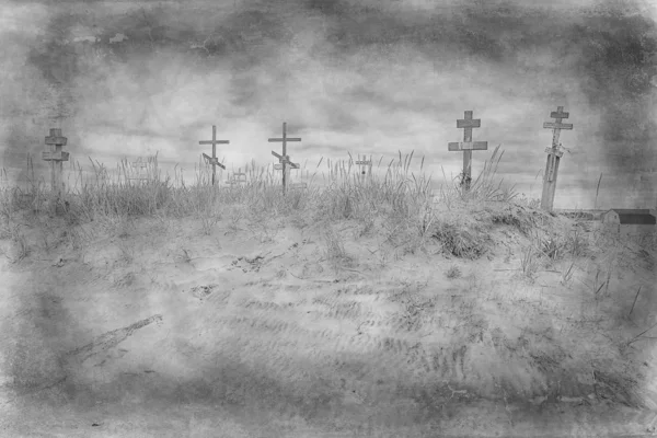 砂漠の墓地で墓を渡る 気候変動の概念温暖化 黙示録 キリスト教の墓地 — ストック写真