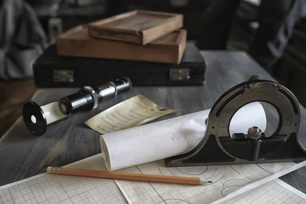 Ferramentas Desenho Projeto Engenharia Conceito Vintage Bússola Lápis Papel Educação — Fotografia de Stock