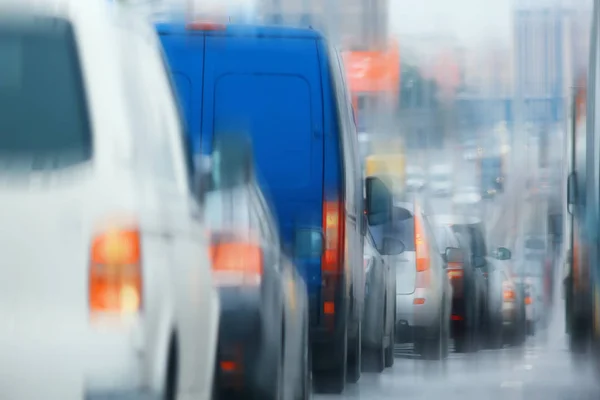 Tagsüber Stau Der Stadt Auf Der Autobahn Autos Verkehrskonzept Stadtverkehrsmetropole — Stockfoto