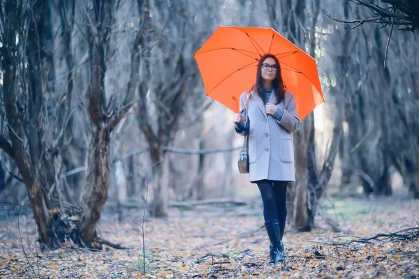 Chica Paraguas Bosque Paisaje Otoño Vista Mujer Joven Con Paraguas — Foto de Stock