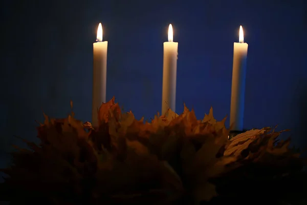 Candles Yellow Leaves Background Autumn Abstract Festive Warm Still Life — Stock Photo, Image