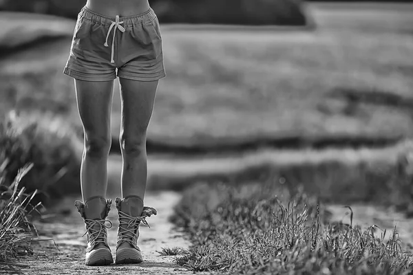 Female Legs Summer Trekking Boots Walks Anonymously Field Woman Big — Stock Photo, Image