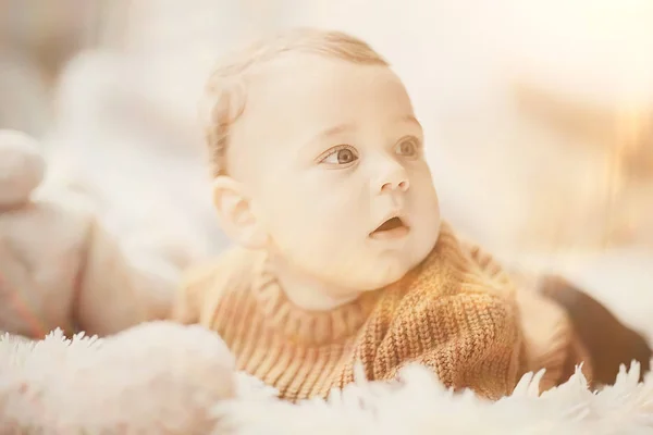暖かいセーターの子供の男の子 肖像画の季節の服 子供の暖かいニットセーター 秋の肖像画 — ストック写真