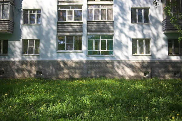 Löwenzahnfeld Stadt Abstrakte Sommerlandschaft Feld Mit Gelben Blumen Den Vororten — Stockfoto