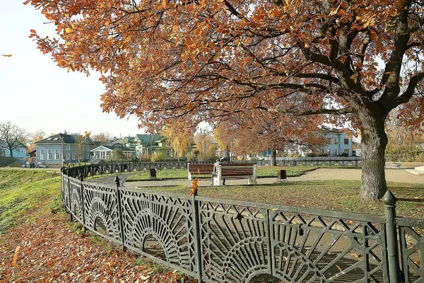 公園の秋の風景 落ち葉のある季節の黄色い風景晴れた公園 — ストック写真