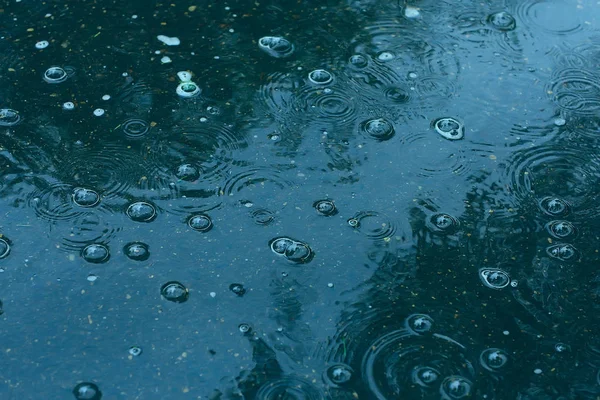 Blå Bakgrund Pöl Regn Regndroppar Cirklar Pöl Bubblor Vattnet Vädret — Stockfoto