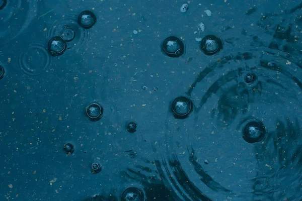 Fundo Azul Poça Chuva Gotas Chuva Círculos Uma Poça Bolhas — Fotografia de Stock