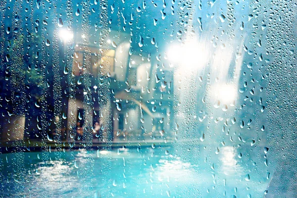 Letní Déšť Mokré Sklo Abstraktní Pozadí Deštivém Dnu Mimo Okenní — Stock fotografie
