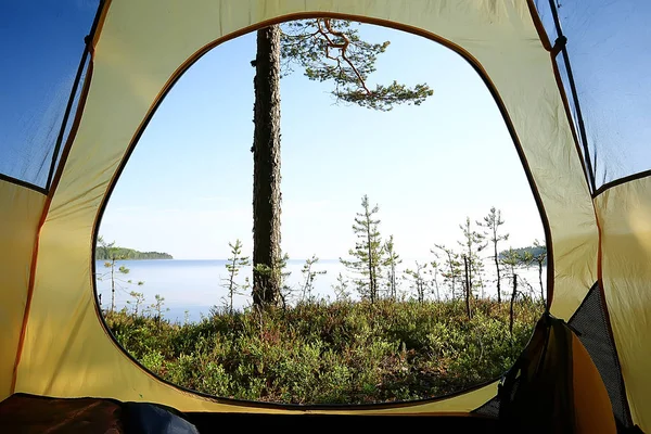 Turistický Stan Uvnitř Letního Lesa Letní Prázdniny Lese Stanu Kde — Stock fotografie