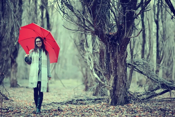 Chica Paraguas Bosque Paisaje Otoño Vista Mujer Joven Con Paraguas —  Fotos de Stock