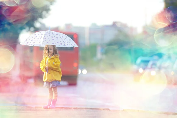 Little Girl Umbrella Small Child Rainy Autumn Walk Wet Weather — Stock Photo, Image