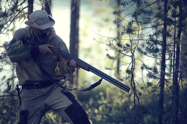 Чоловік Ходить Полювання Ліс Літо Пейзаж Лісі Мисливець Мисливською Рушницею — стокове фото