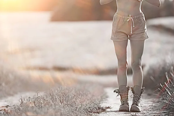 Female Legs Summer Trekking Boots Walks Anonymously Field Woman Big — Stock Photo, Image