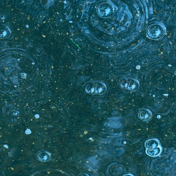 Fundo Azul Poça Chuva Gotas Chuva Círculos Uma Poça Bolhas — Fotografia de Stock