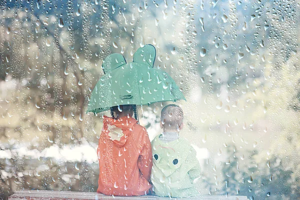 Brother Sister Umbrella Park Boy Girl Autumn Park Walk Woods — Stock Photo, Image