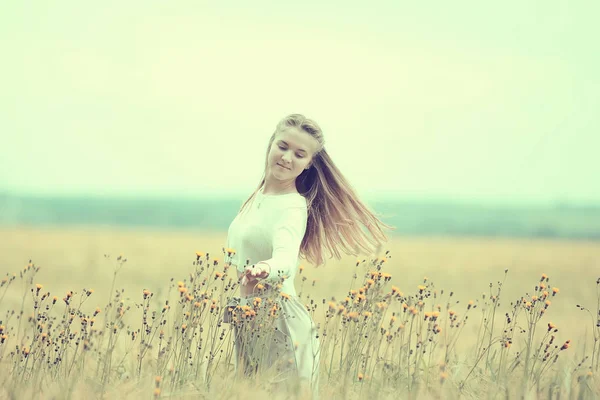 秋のフィールドガール健康 美しい若いモデル 夏のフィールドの風景 かわいい幸せなモデル — ストック写真