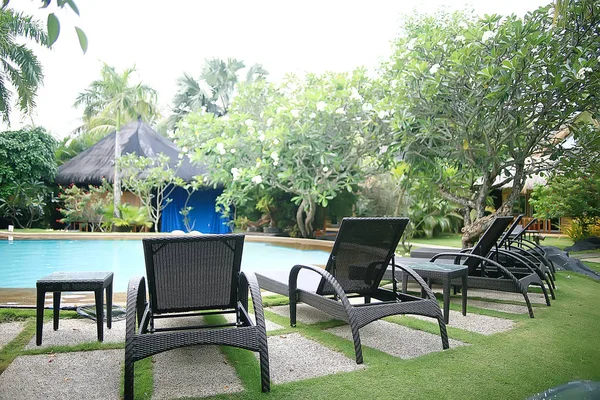 Tumbonas Del Hotel Piscina Descanso Hotel Tropical Descanso Cómodo Recreación — Foto de Stock