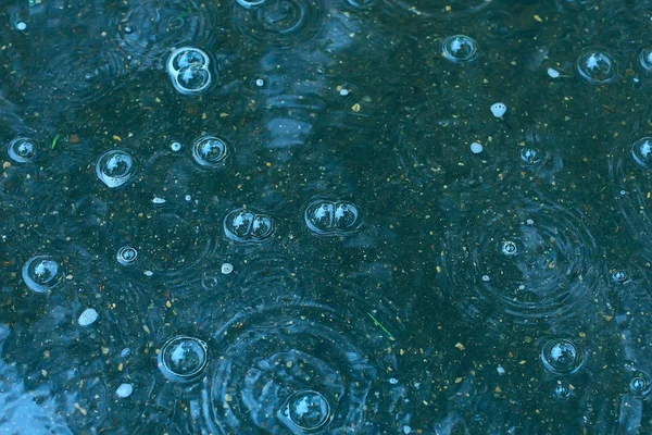 雨滴の青い背景水たまり 水たまりの上の円 水の中の泡 天候は秋です — ストック写真