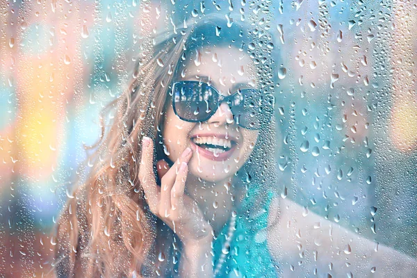 Young Adult Girl Window View Rain Raindrops Glass Warm Autumn — Stock Photo, Image