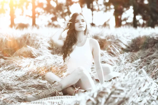 Happy Young Adult Model Yellow Wheat Field Summer Happiness Concept — Stock Photo, Image