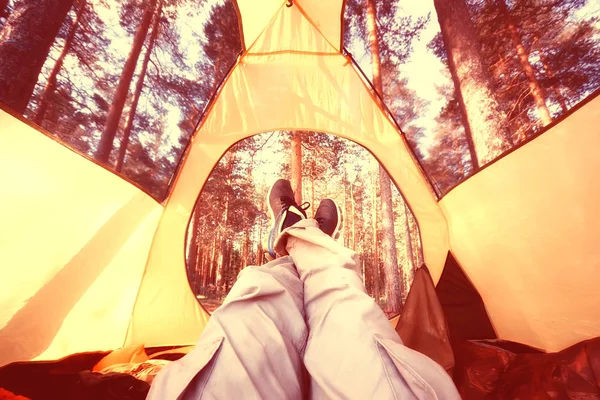 夏の森の中の観光テント 森の夏休み テント内部の眺め キャンプ — ストック写真