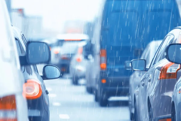 Karayolu Üzerinde Şehirde Yağmur Yolu Trafik Sıkışıklığı Soyut Arka Plan — Stok fotoğraf