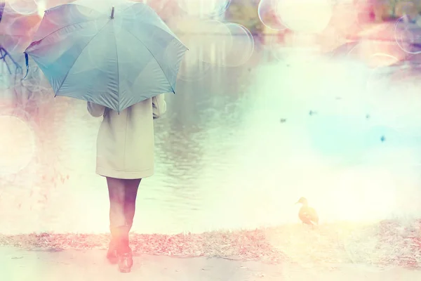 Menina Guarda Chuva Floresta Paisagem Outono Vista Jovem Mulher Com — Fotografia de Stock