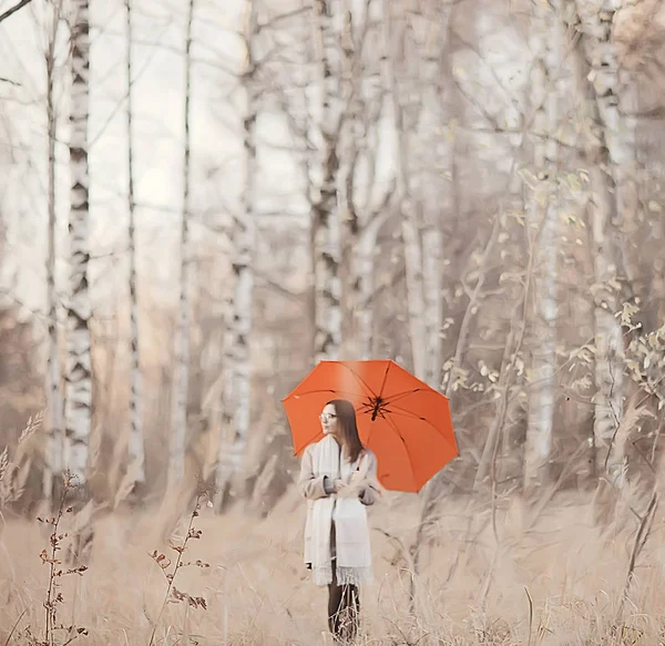 Fille Parasol Forêt Paysage Automne Vue Jeune Femme Avec Parasol — Photo