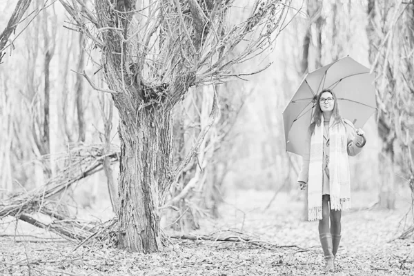女の子傘の森の風景 都市公園で傘を持つ若い女性の秋の景色 — ストック写真