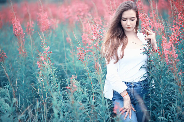 Nature autumn field fashion model girl / landscape in summer field beautiful young happy model glamorous