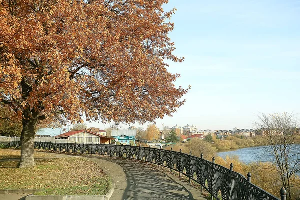 秋の公園の風景のベンチ 季節の風景は 秋の孤独な公園で休息 — ストック写真