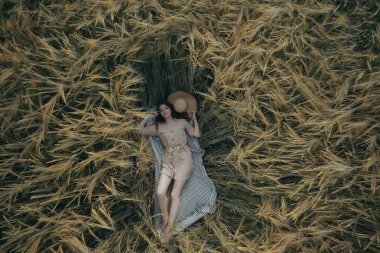 kız bir buğday tarlası üst görünümü / yaz tatili gevşeme özgürlüğü, bir helikopter doğa görünümünde piknik yatıyor