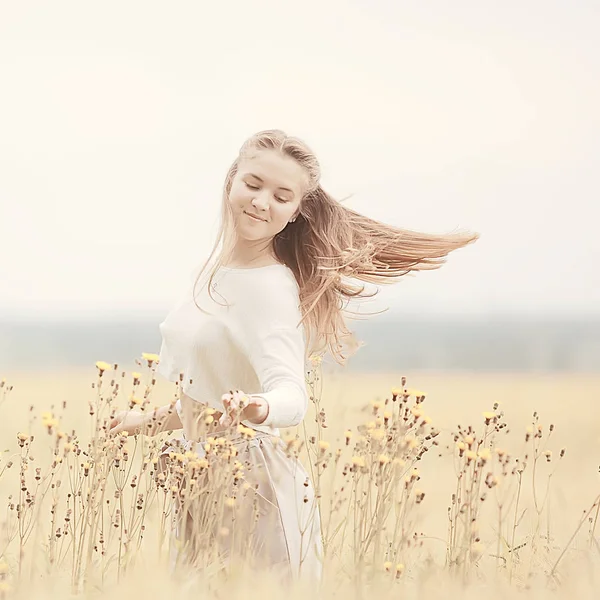 小さな風景 大人の若い女の子の肖像画 夏の外観 自然と秋のフィールドで幸せな女の子 — ストック写真